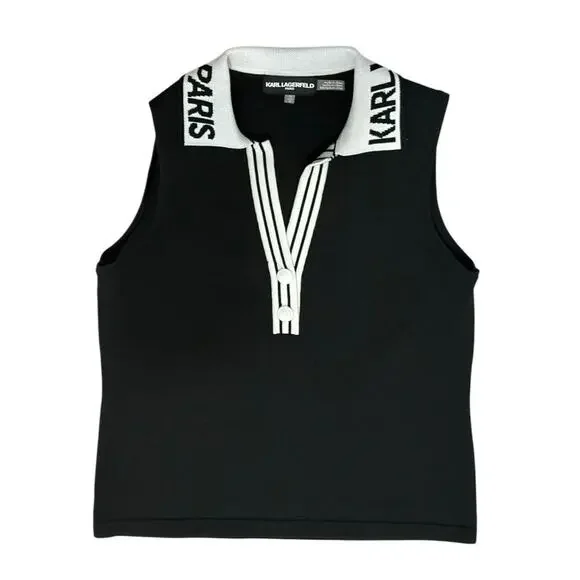 Karl Lagerfeld Paris Sleeveless Black White Logo Polo Sweater Top Size XS - Picture 2 of 5